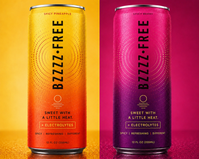Two BZZZZ•FREE cans, Spicy Pineapple and Spicy Berry, with +Electrolytes callout