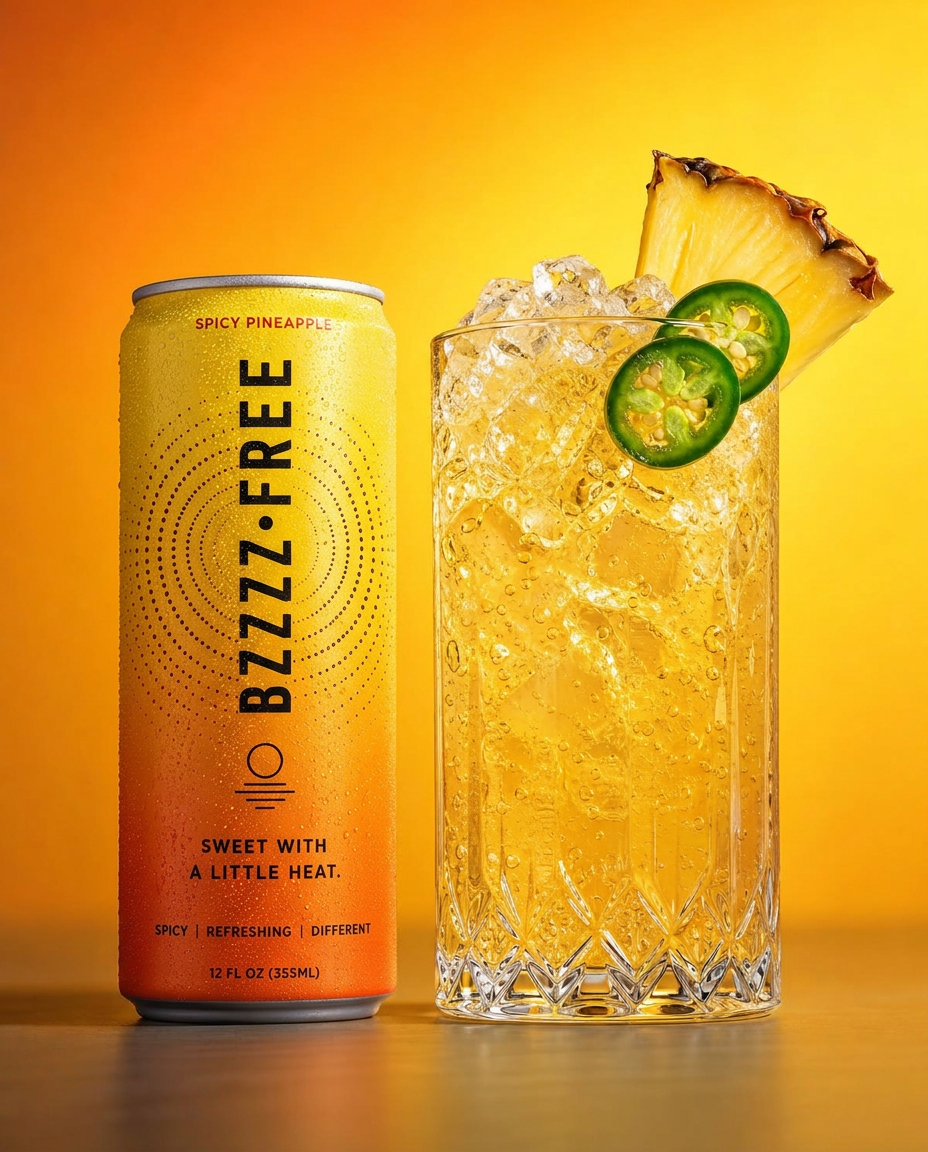 BZZZZ•FREE Spicy Pineapple can beside a sparkling pineapple mocktail over ice with jalapeño