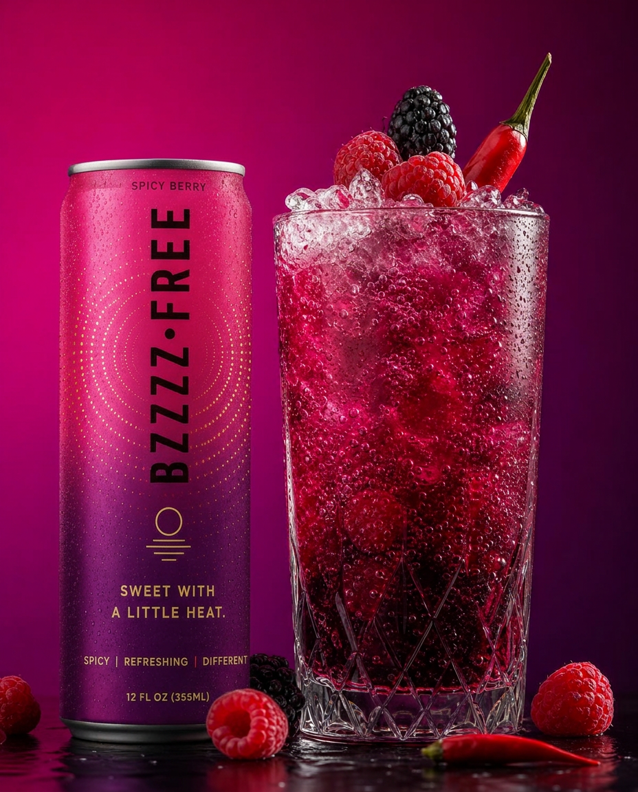 BZZZZ•FREE Spicy Berry can beside a sparkling berry mocktail over ice with fresh berries and chili